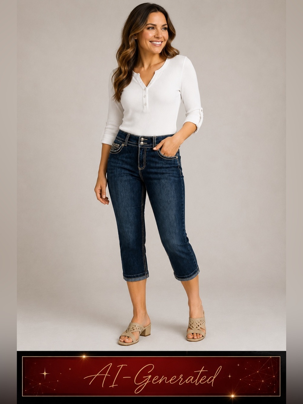 Code Bleu Indigo Cropped Jeans Rhinestones Capris Stitching Accents